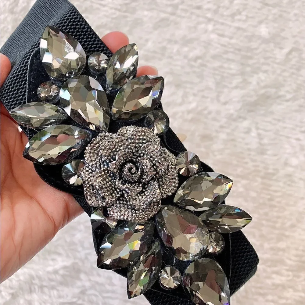 New Women’s Crystal & Beaded 3D Rose Stretch Elastic Belt